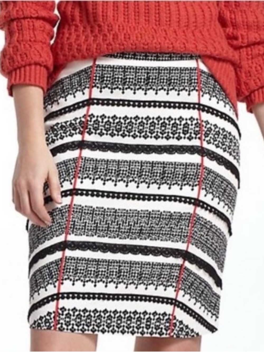 Tabitha Black and White Midi Skirt with Red Piping 12